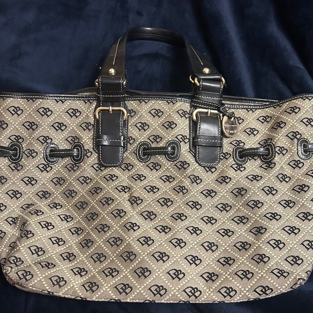 Dooney & Bourke Cream and Black Tote Bag, 18” wide x 11” tall